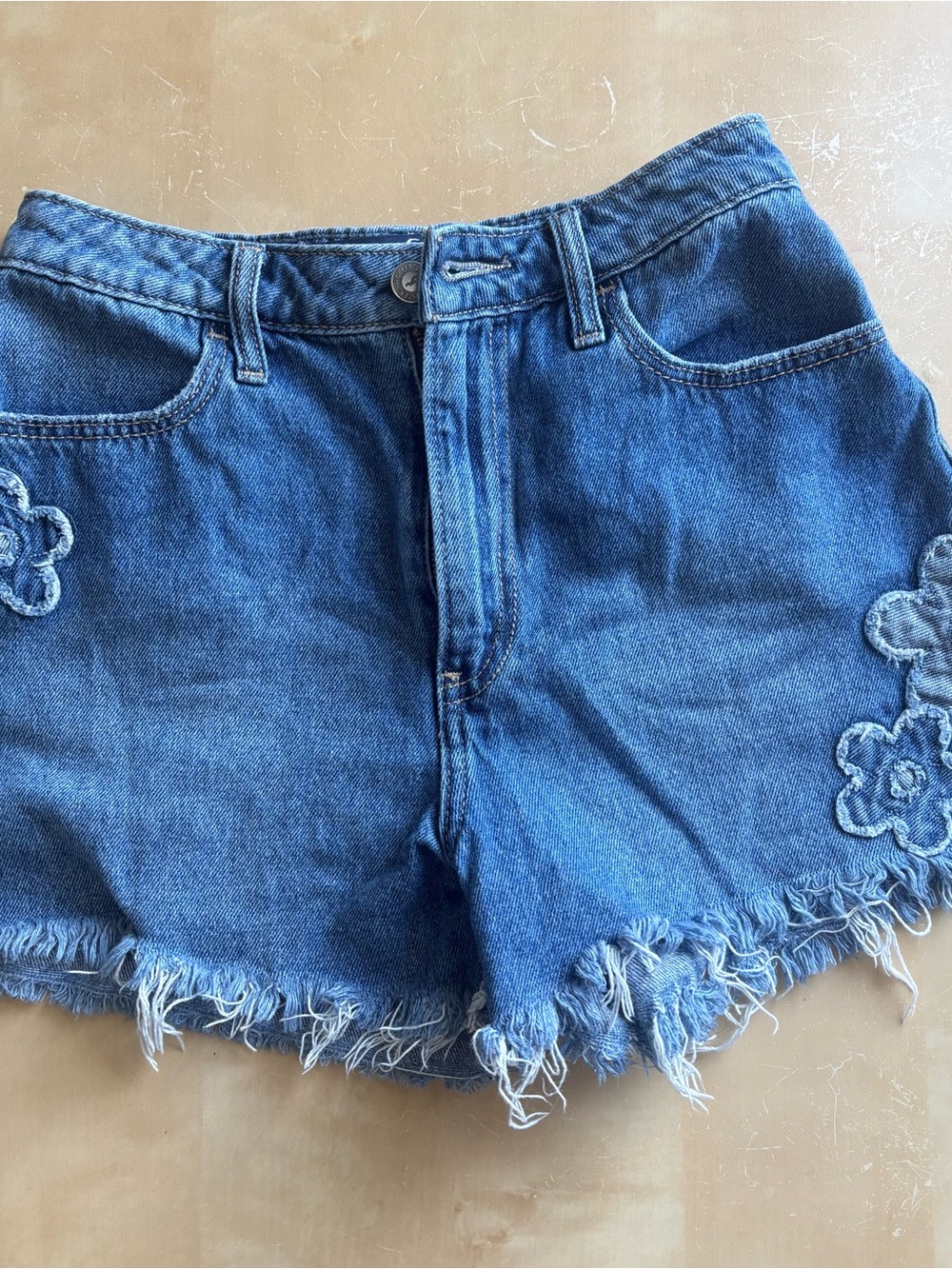 Hollister Blue Denim Floral Appliqué Frayed Hem Shorts